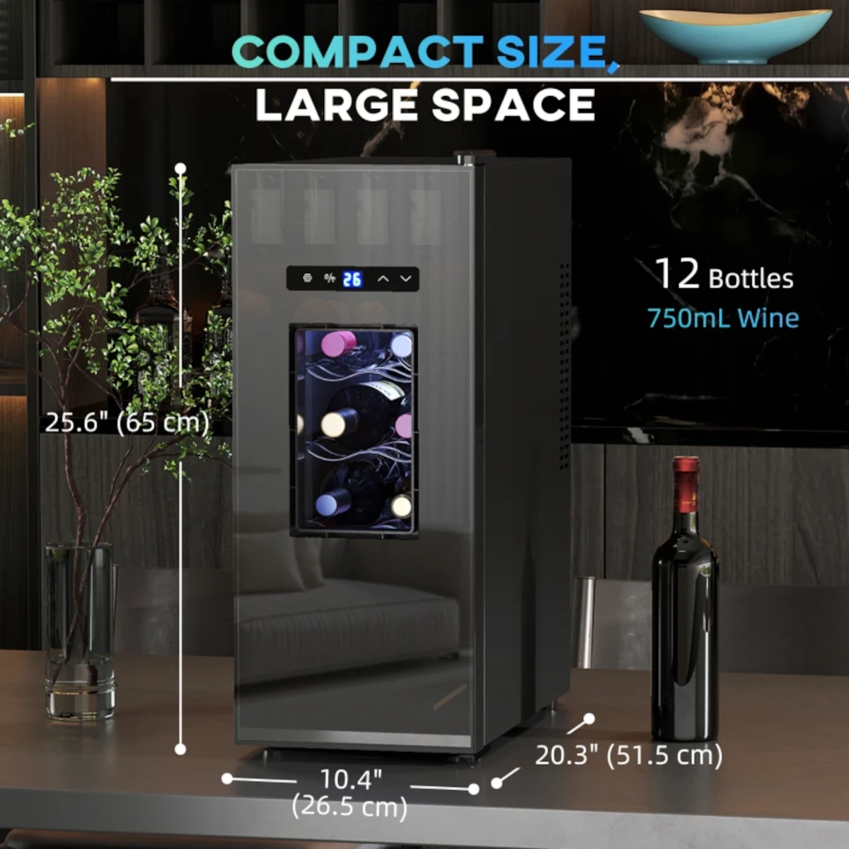 Compact wine cooler on kitchen counter with dimension markers