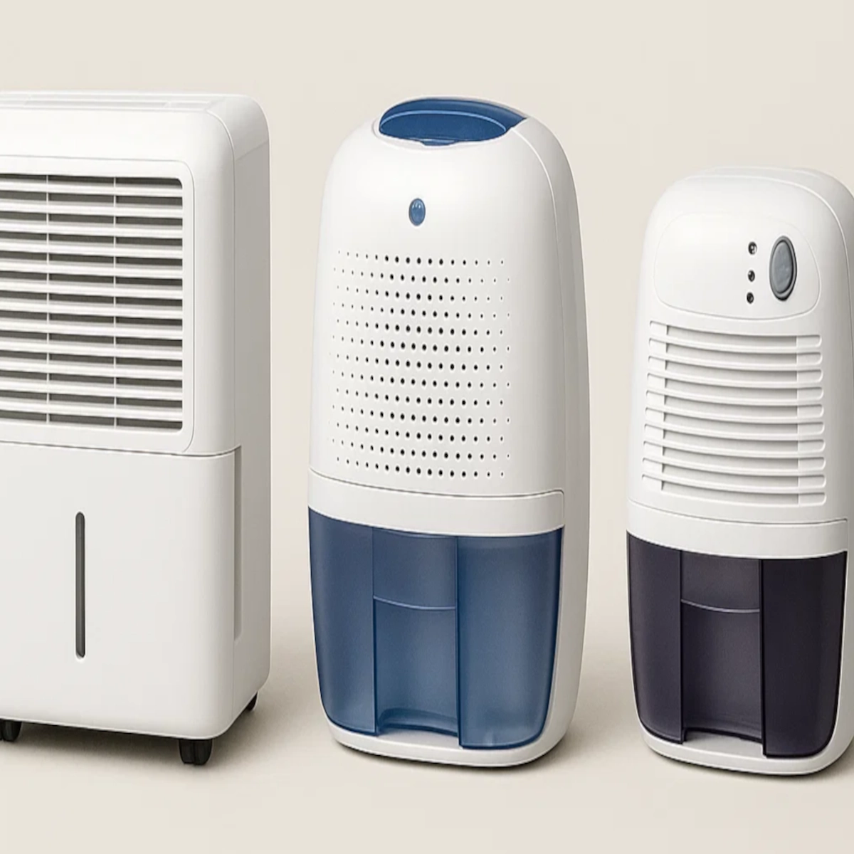 Three types of portable dehumidifiers with different tank designs and capacities displayed.