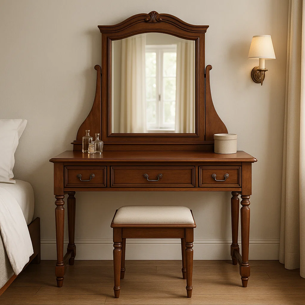 Traditional wooden vanity table with mirror, drawers, and cushioned stool in a warm bedroom.