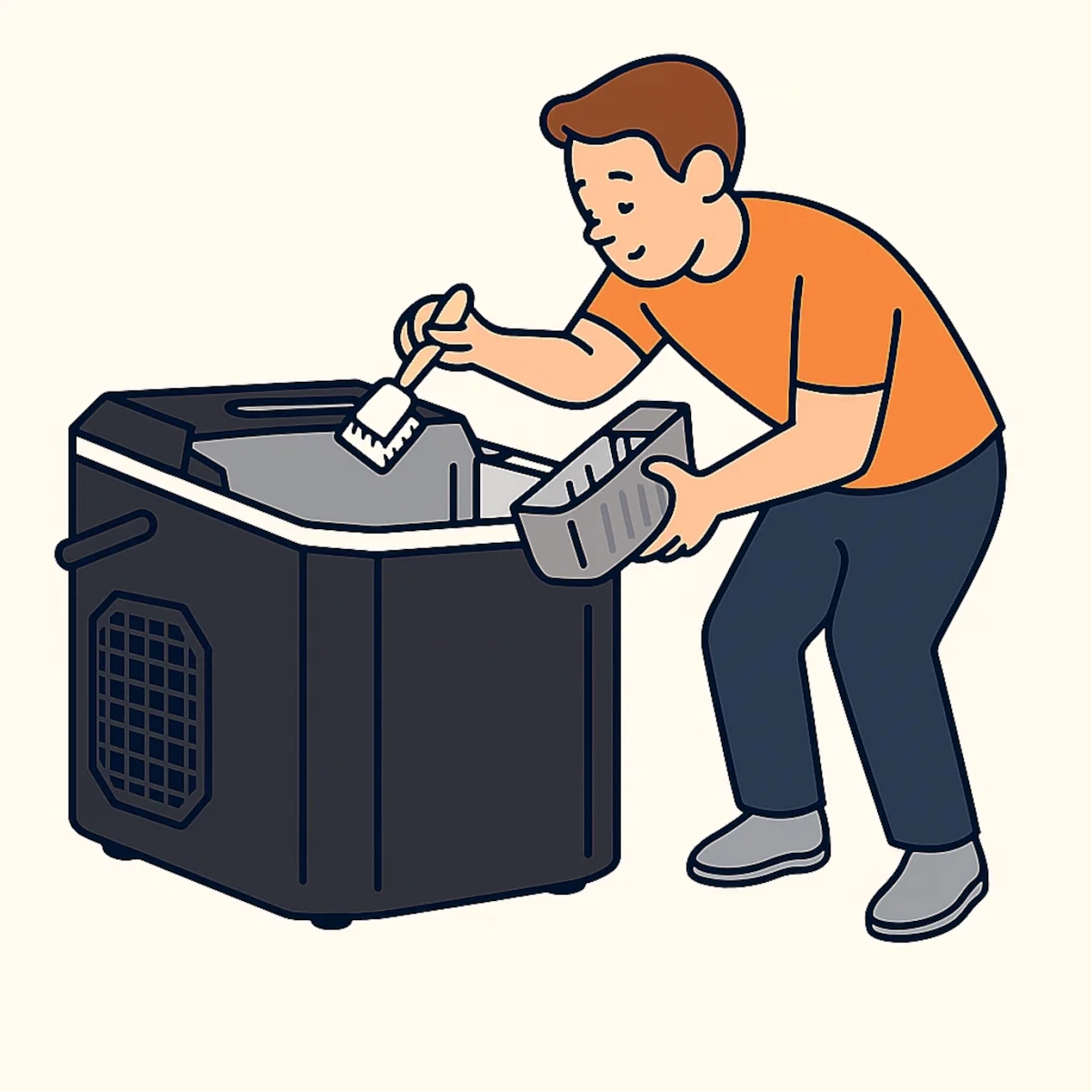 Person scrubbing removable ice tray with a brush while cleaning a portable ice maker.