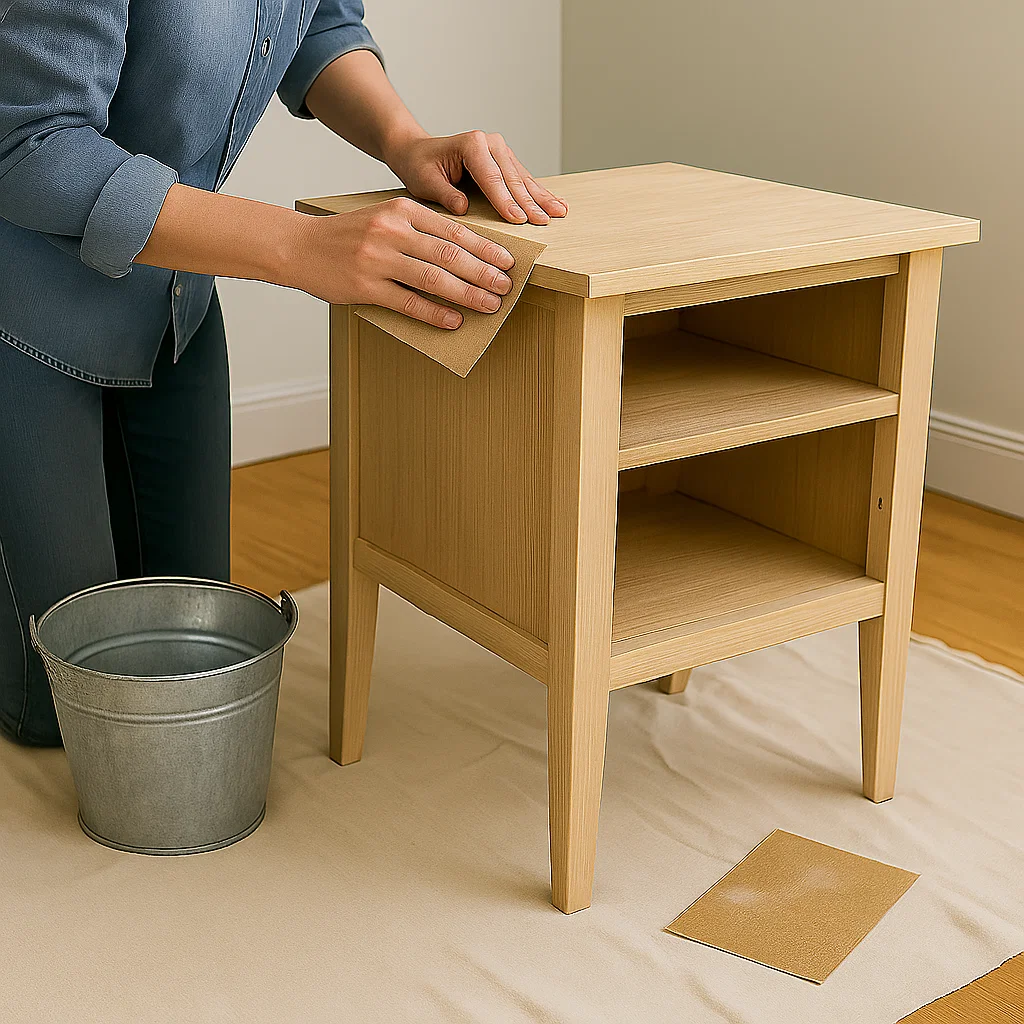 Person sanding wooden bedside table with sandpaper to prepare smooth surface for painting.