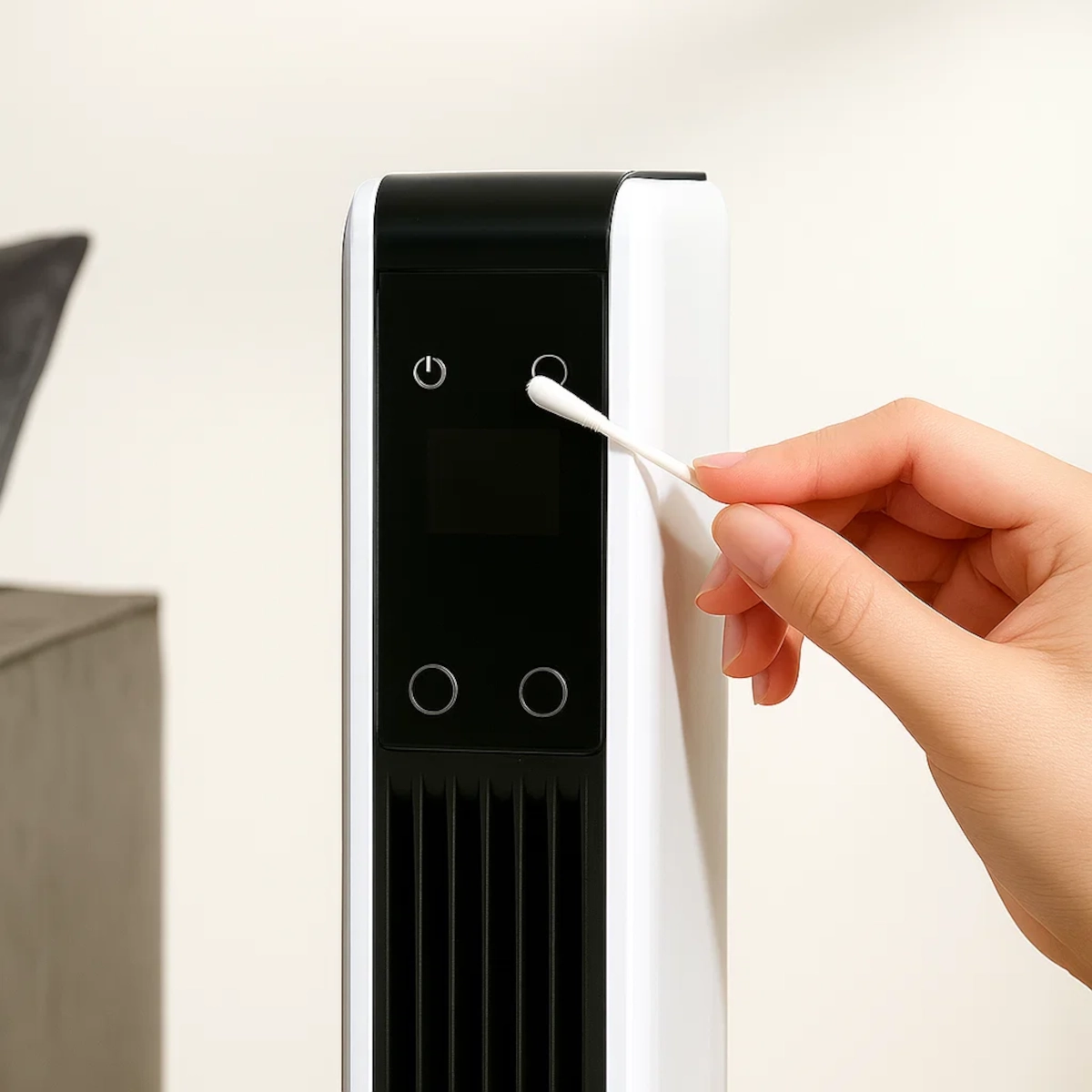 Space heater control buttons being cleaned using cotton swab to remove dust and dirt buildup.