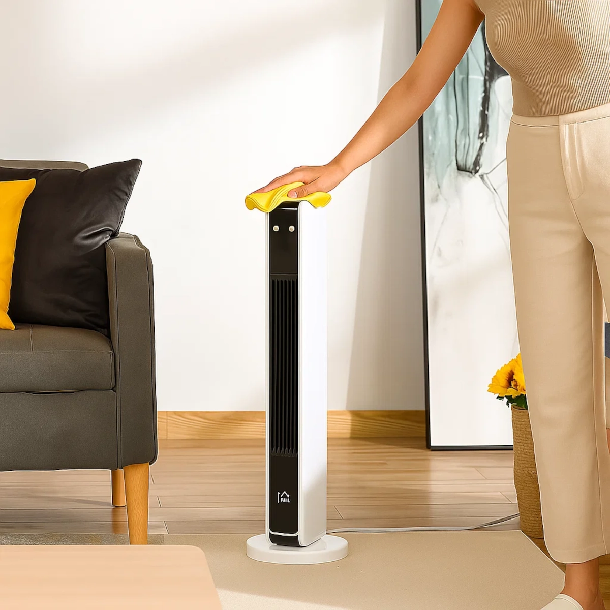 White tower space heater top being cleaned using cloth in a modern living room.