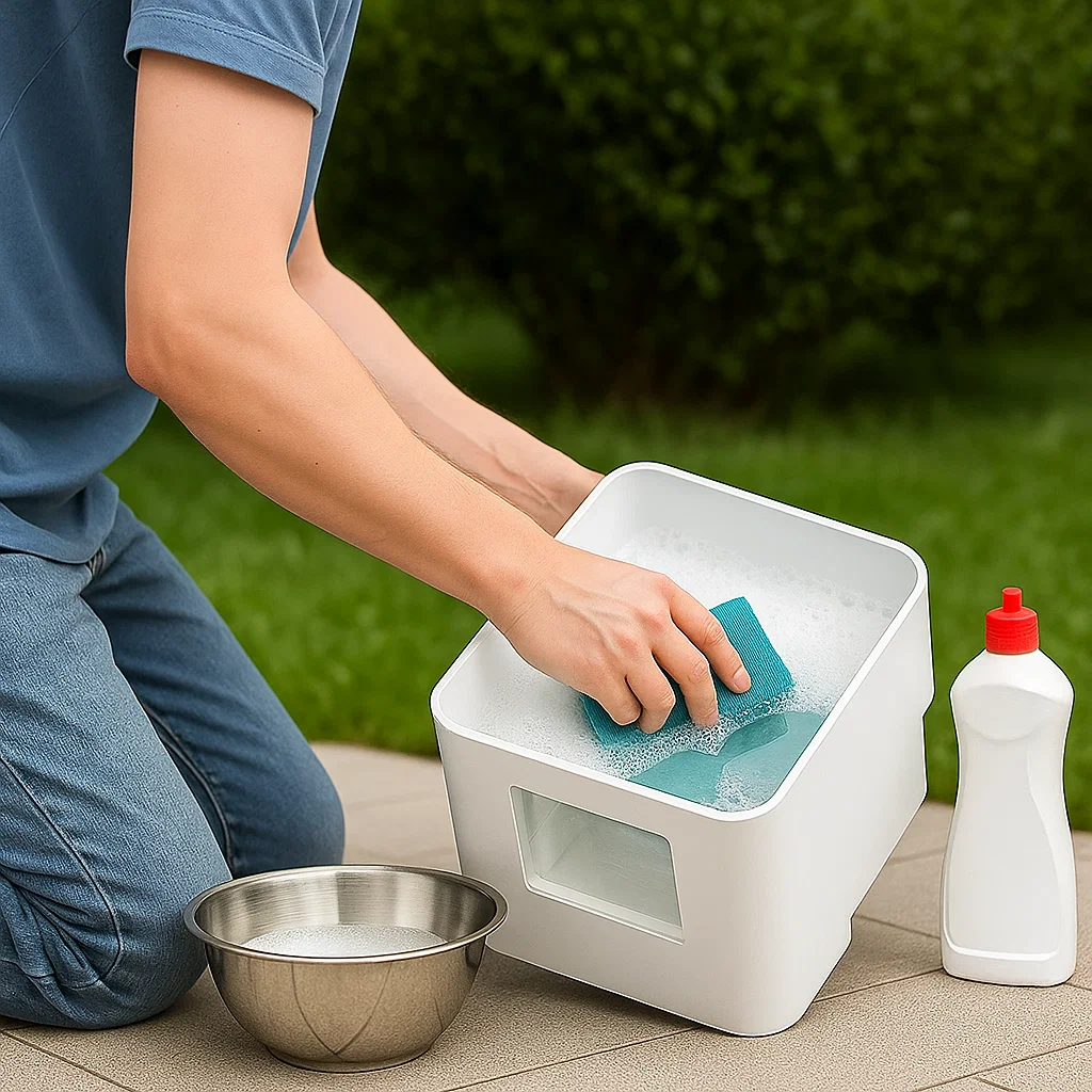 Washing dehumidifier water tank with sponge and soap.