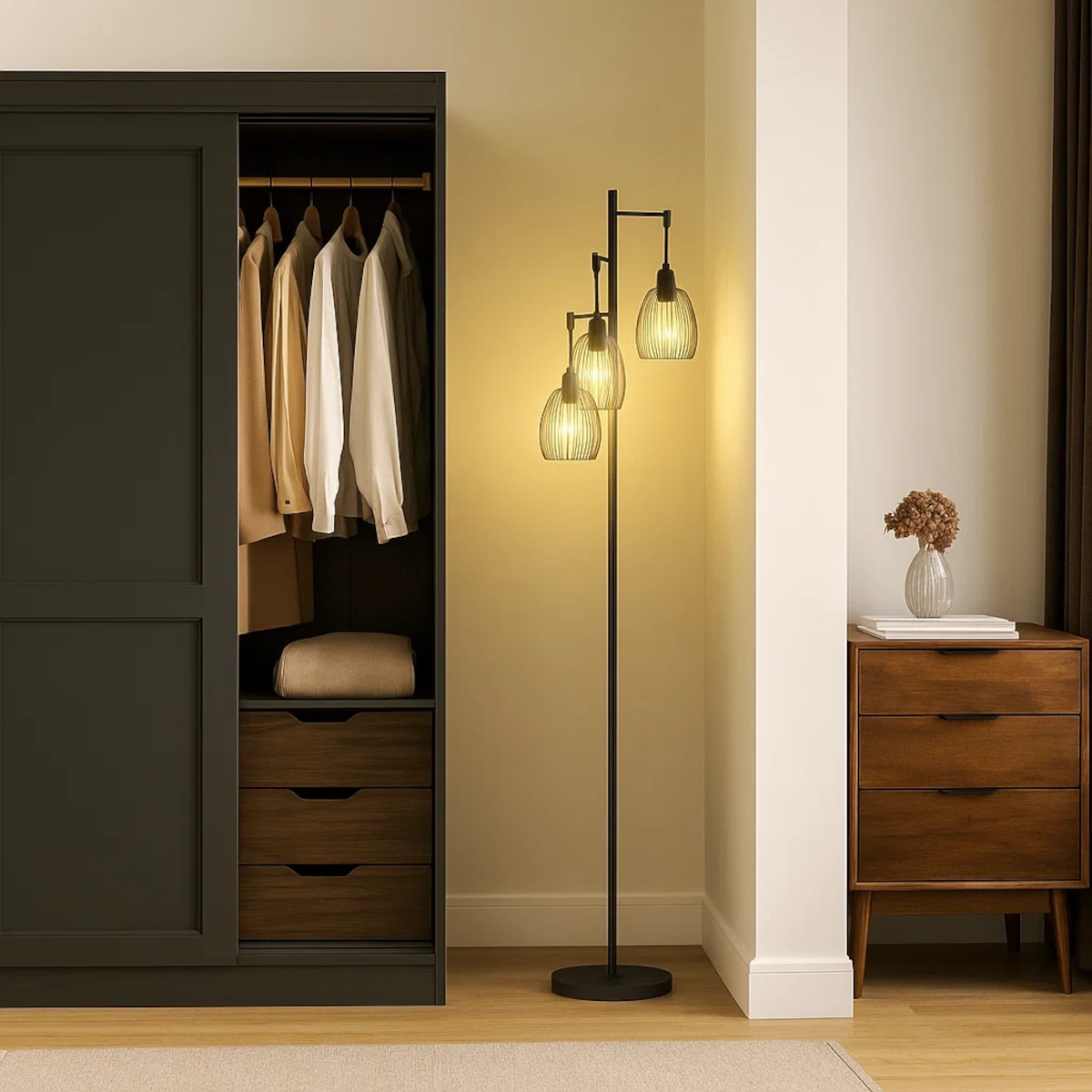 Floor lamp positioned near open wardrobe with hanging clothes and wooden drawers.