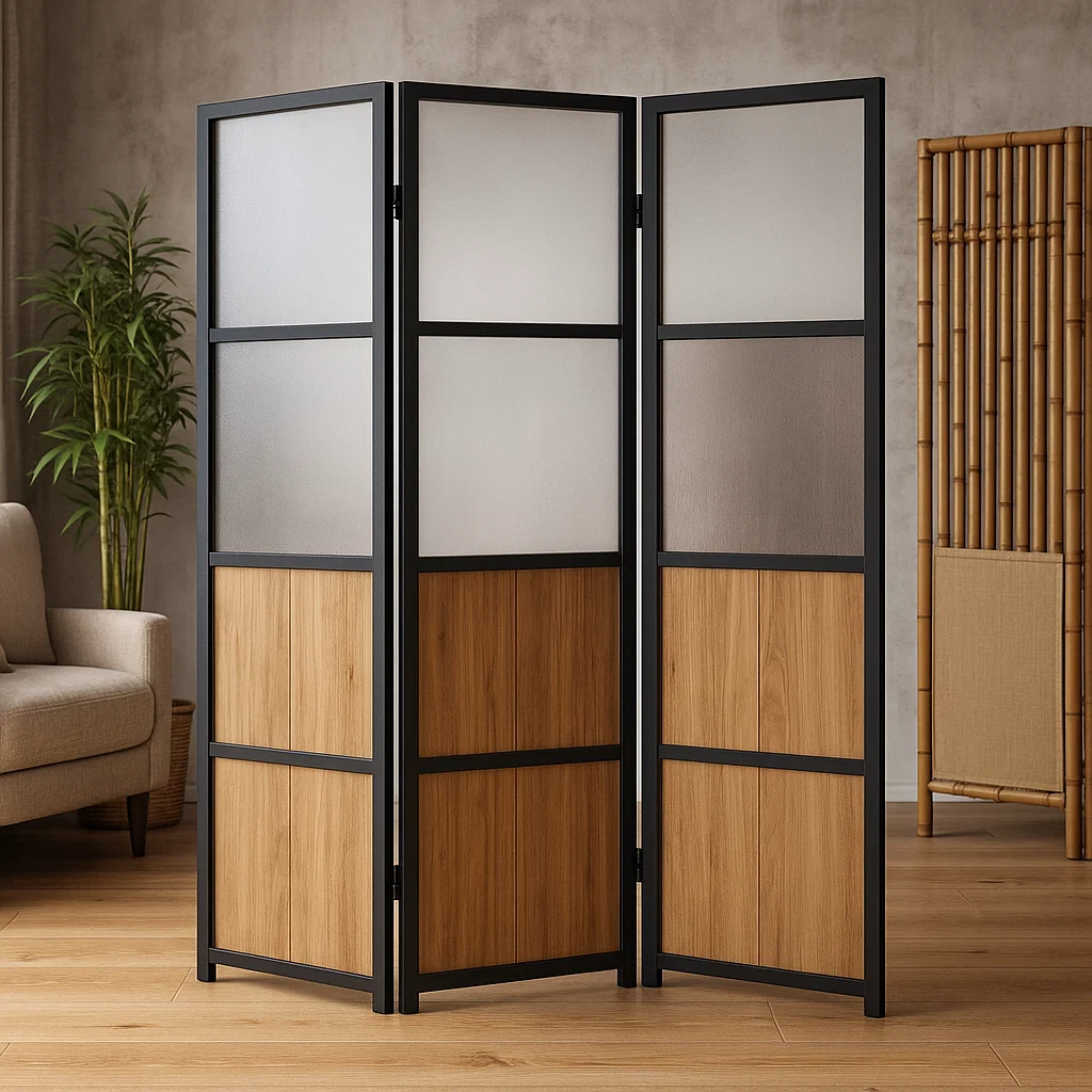 Modern room divider with frosted glass and wood panels, blending materials for style.