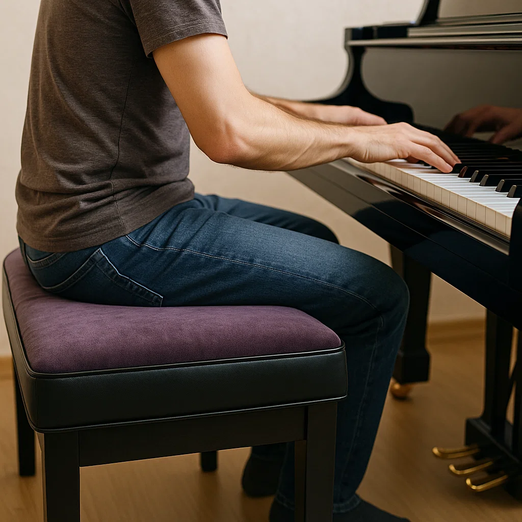 Pianist seated on a plush purple cushioned piano bench for comfort