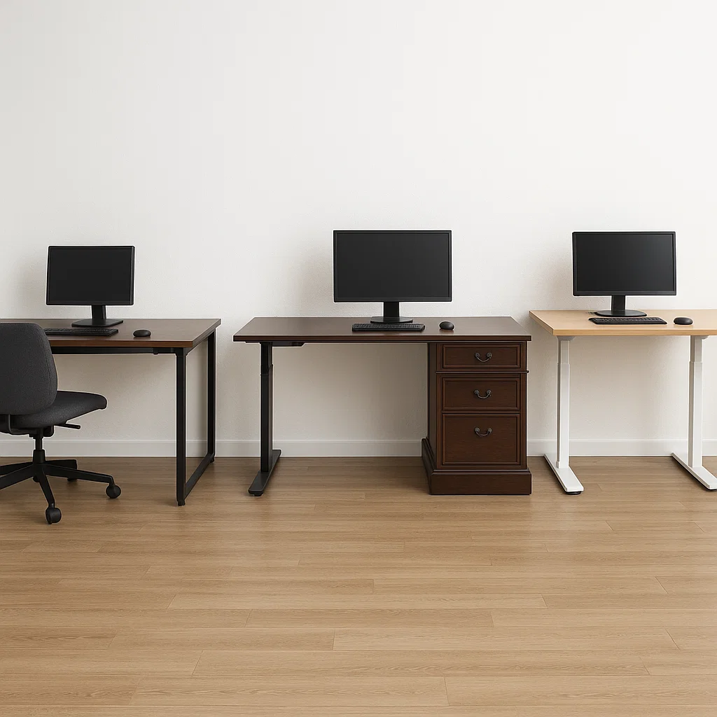 Different computer desk designs with monitors in a row
