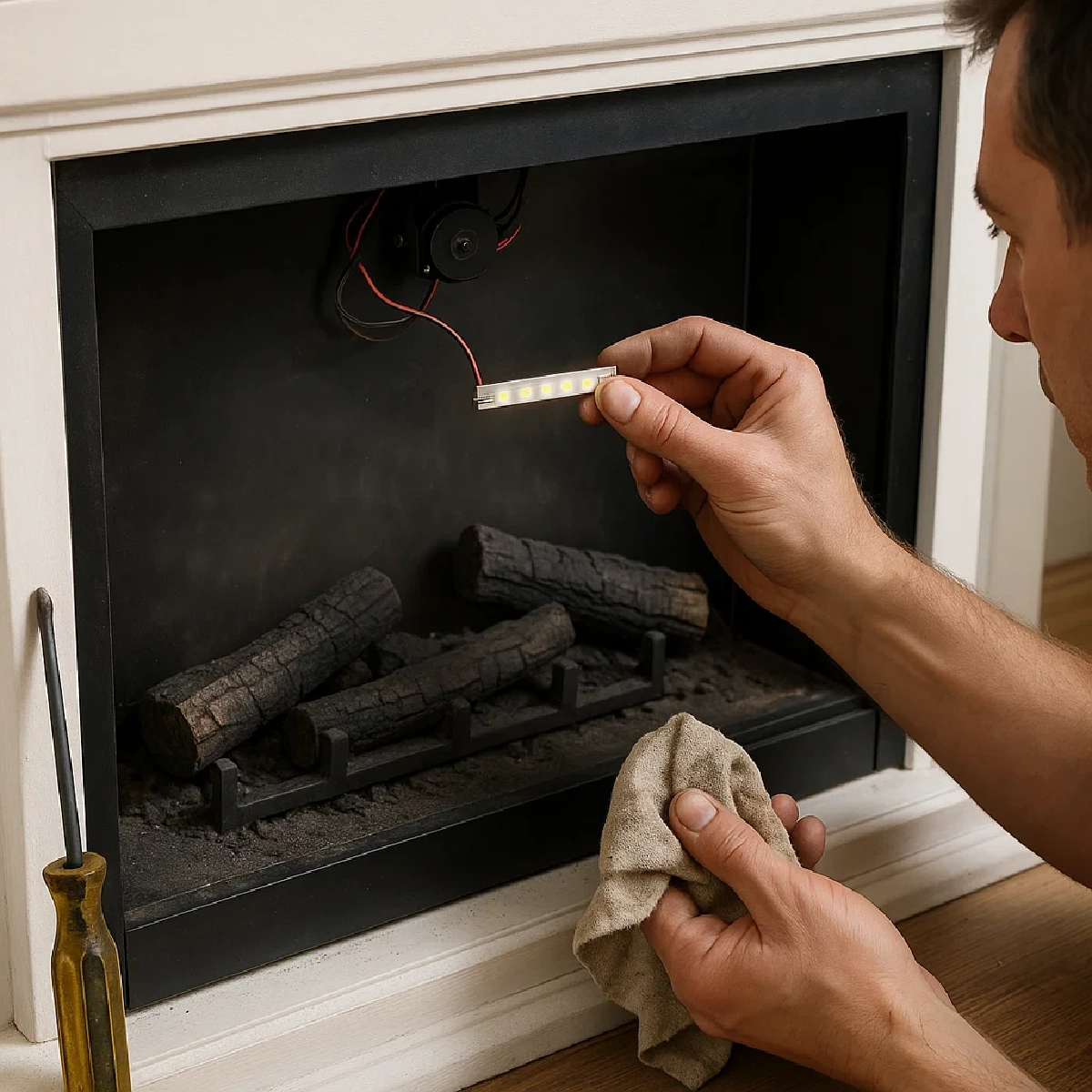 Person inspecting and cleaning internal LED component inside an electric fireplace insert.
