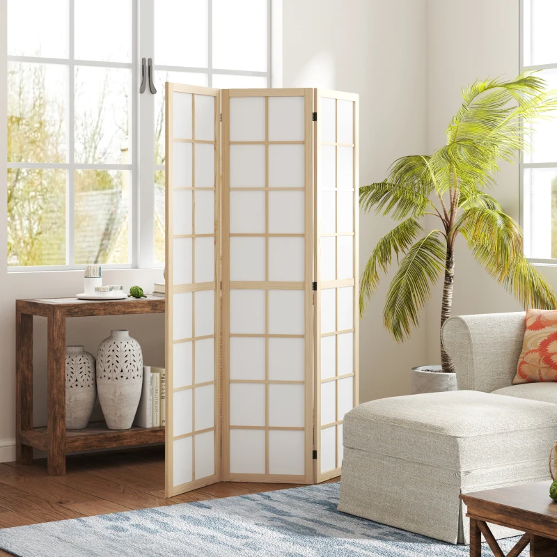 Light wood shoji-style room divider with white panels in bright living space.