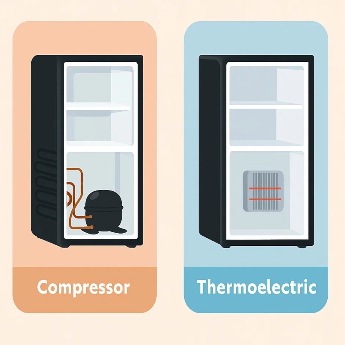 Side-by-side illustration comparing internal components of compressor and thermoelectric mini fridge systems.