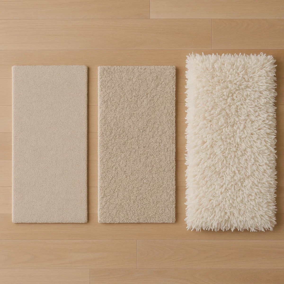 Three area rug samples showing low, medium, and high pile heights placed on a wood floor.