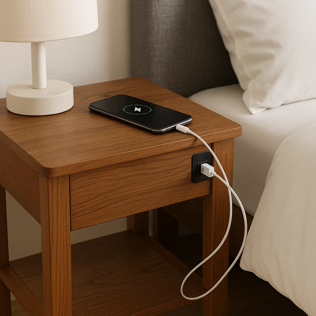 Wooden bedside table with built-in USB charging port and phone placed on top near bed.