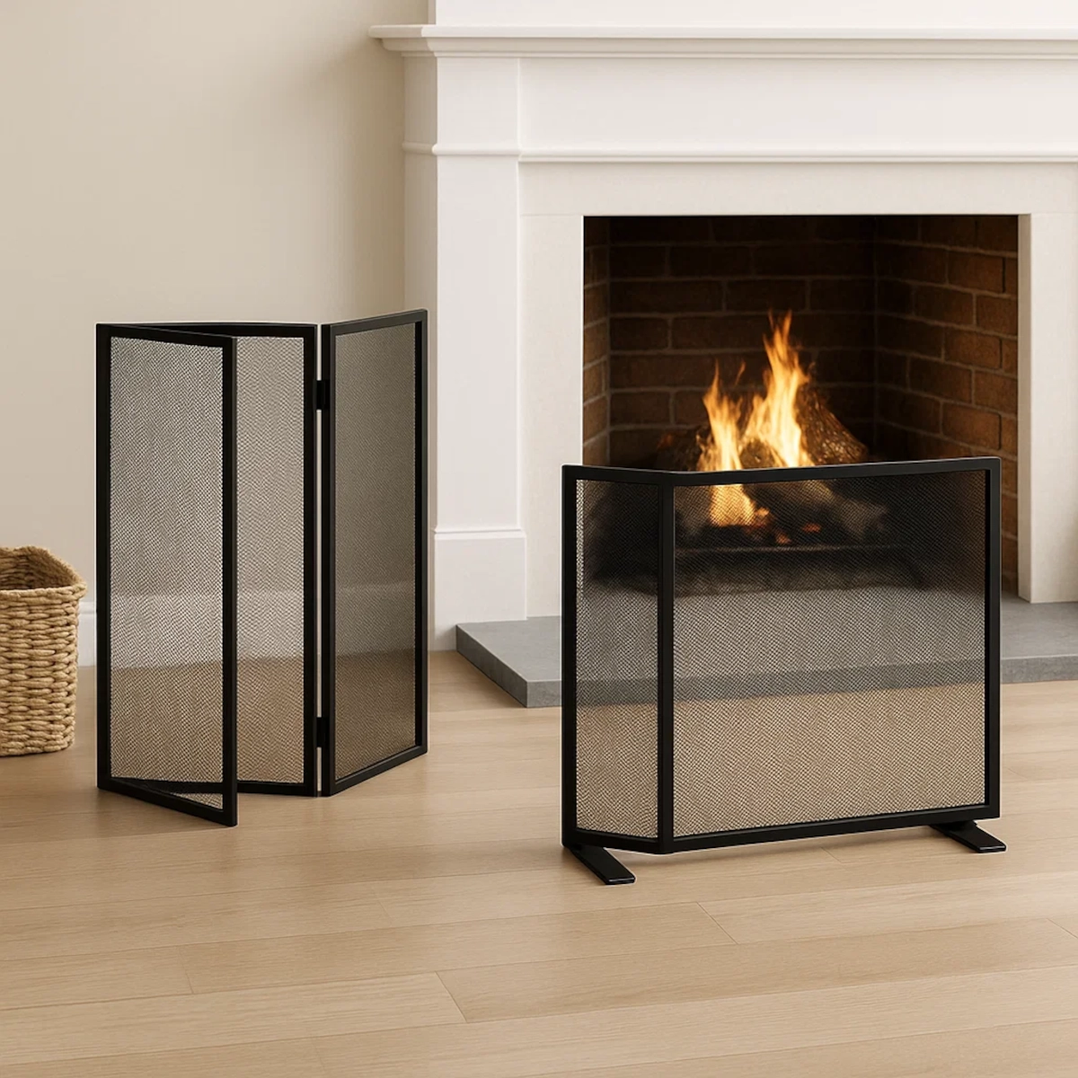Black folding fireplace screen placed beside a lit fireplace in a modern living room.