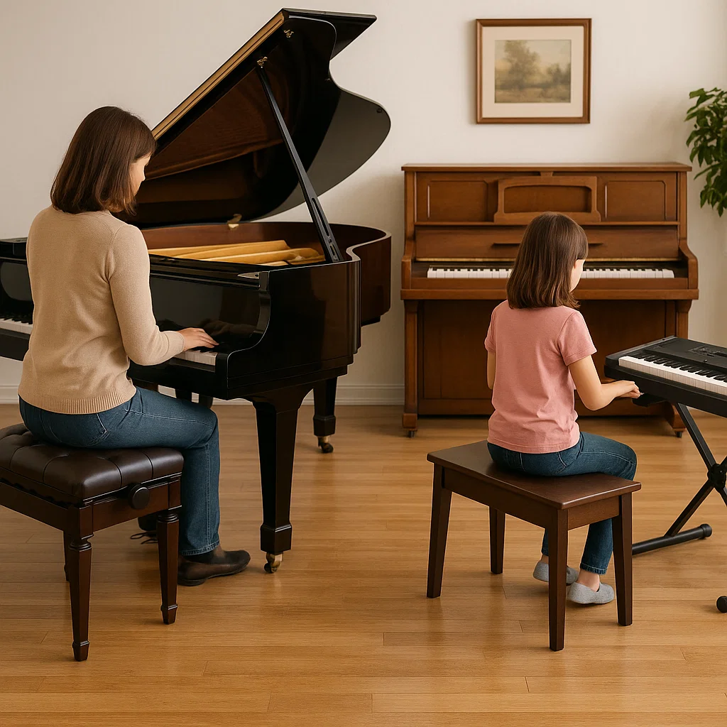 Adult at grand piano bench and child playing on upright piano bench