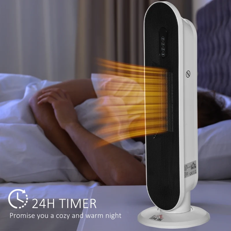 Tower heater warming a person in bed with visible heat waves.