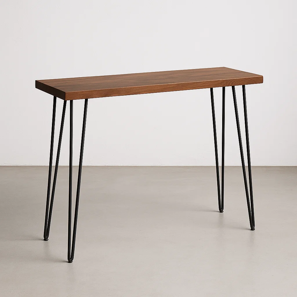 Wood console table with black hairpin legs in minimalist room setting.