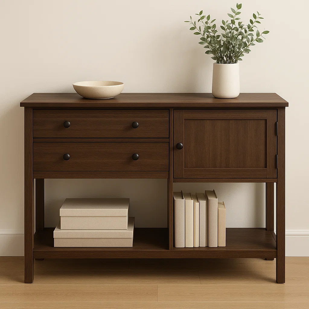 Dark wood console table with drawers, cabinet, and bottom shelf storing books and boxes.