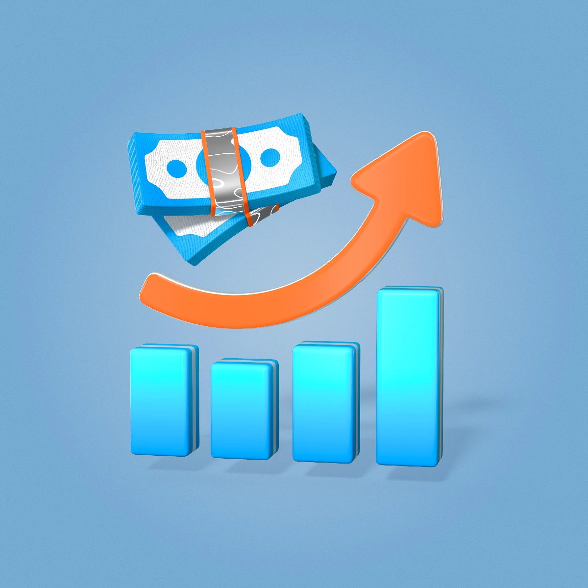 Blue cash bundle hovering above ascending bar graph