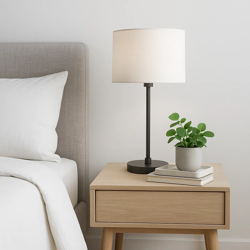 Minimalist bedside table with lamp, plant, and stacked books.