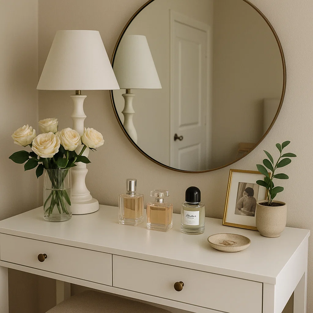 White vanity table with round mirror and lamp with roses perfumes and framed photo.