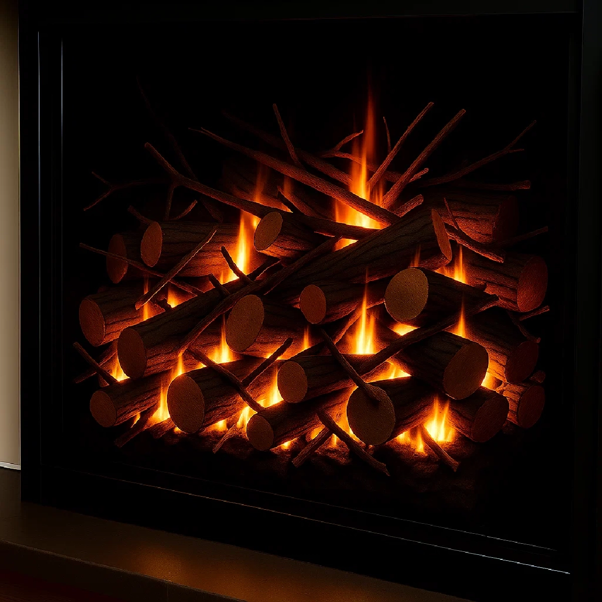 Gaps created between logs in the fireplace to enhance flame effects.