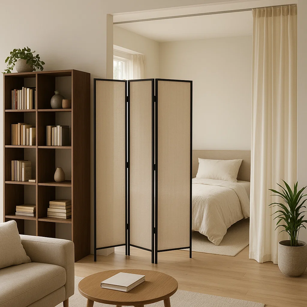 Beige fabric room divider used to section off a cozy home office space within a studio