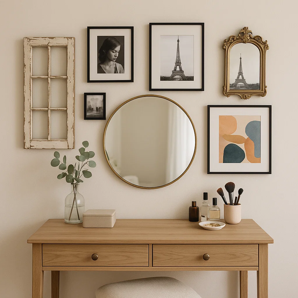 Wooden dressing table with round mirror, framed art, and vintage décor on a styled gallery wall.