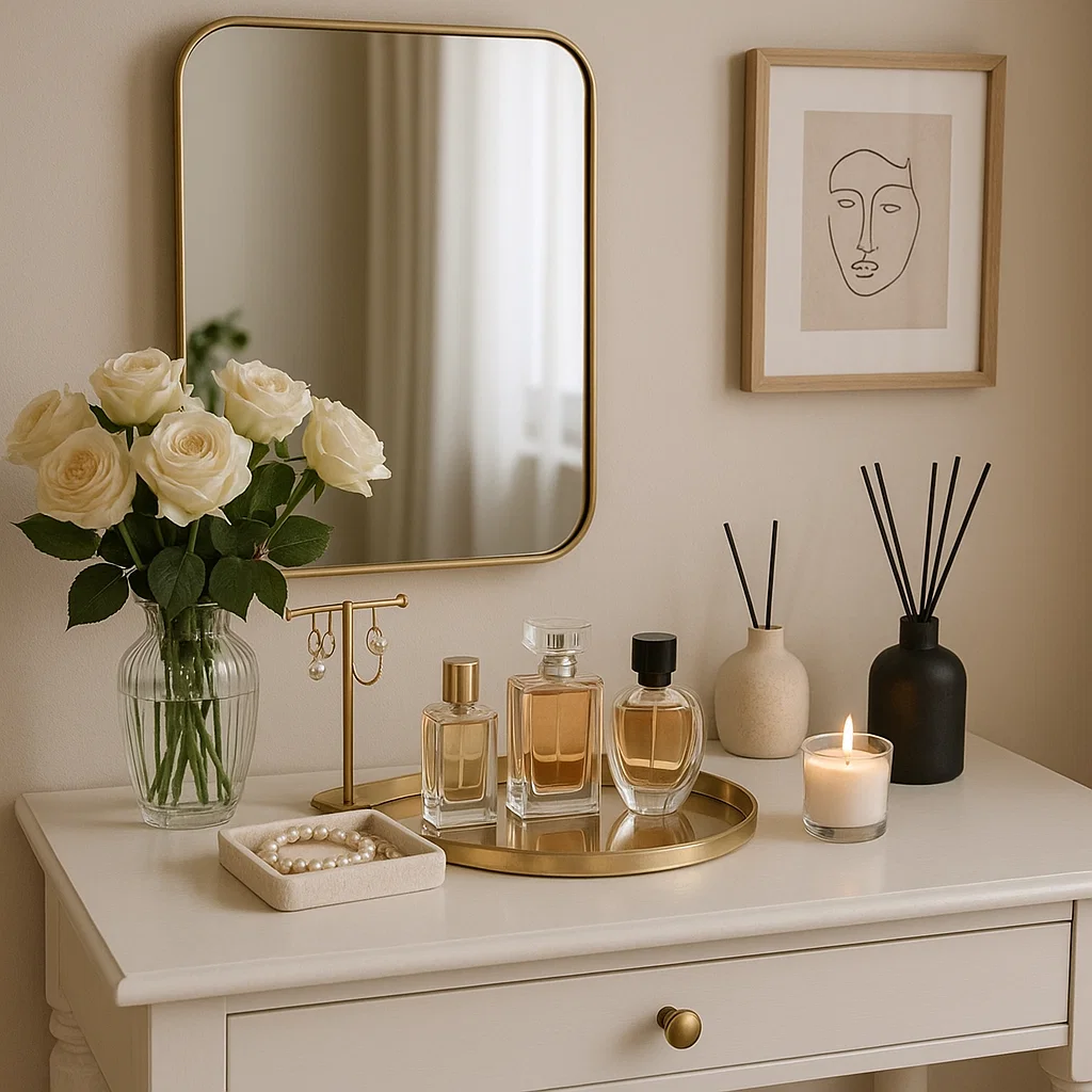 Elegant vanity with square mirror and roses on a gold tray with perfumes candle and pearl jewelry.