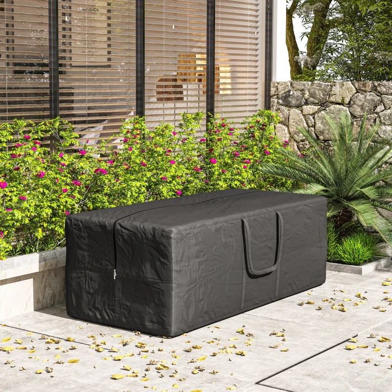Black zippered bag storing outdoor cushions
