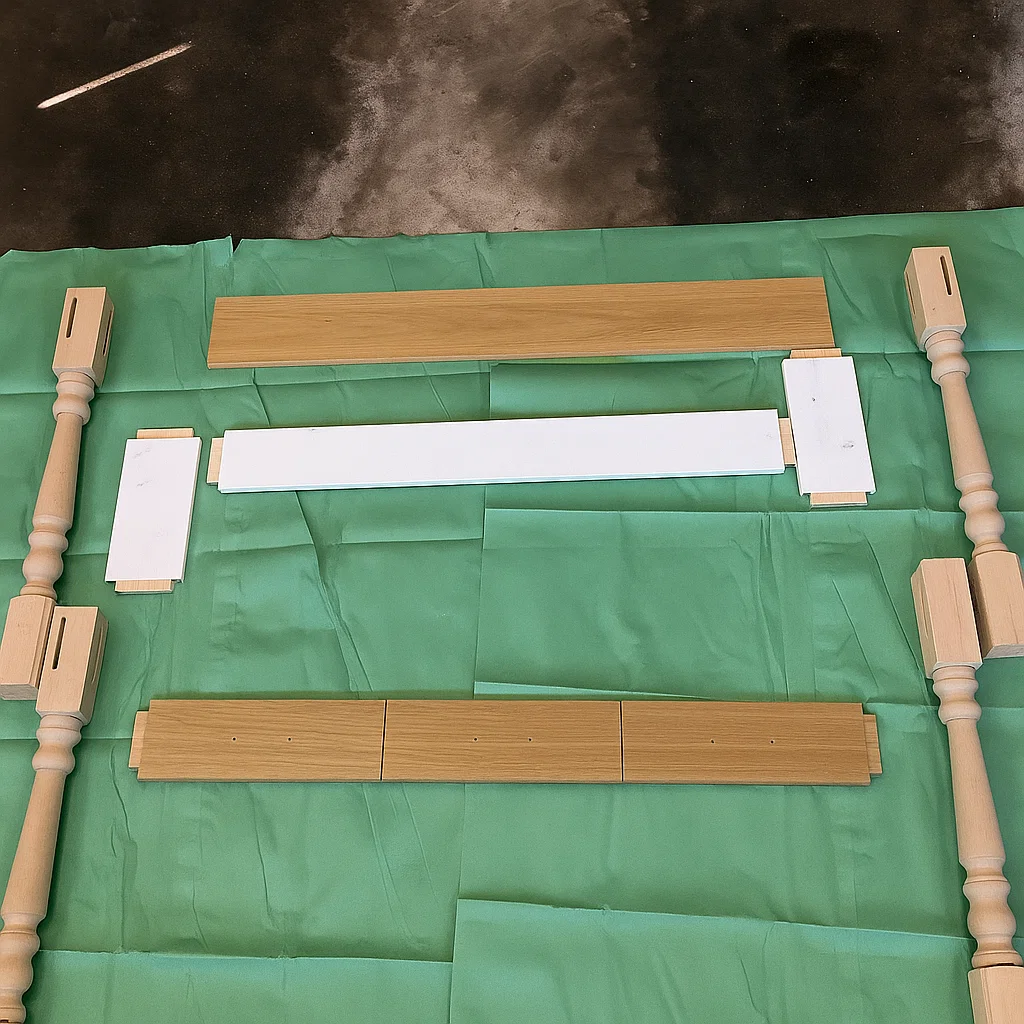 Cutting wooden apron boards with track saw and guide.