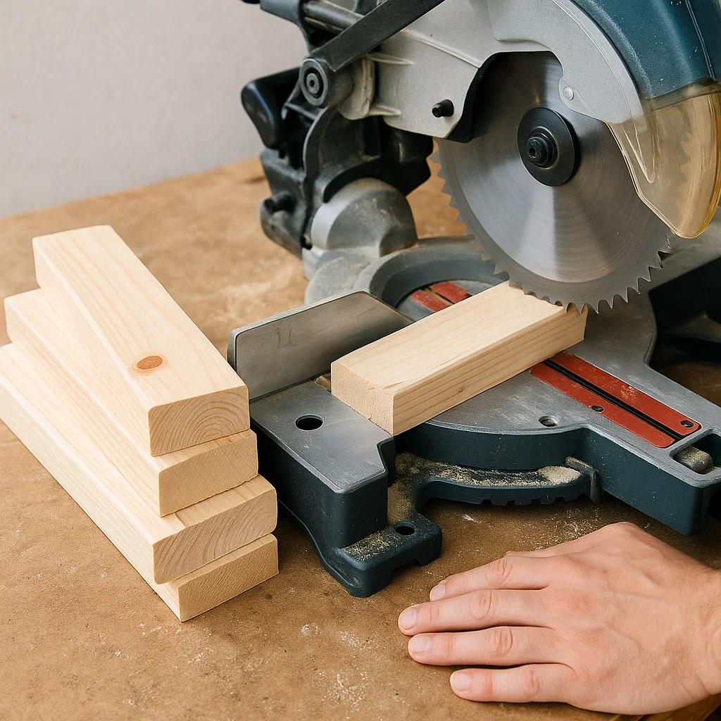 Circular saw cutting short wooden boards for frame construction.
