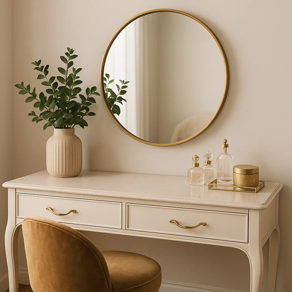 Classic vanity table with gold mirror and green plant beside gold accented perfume bottles.