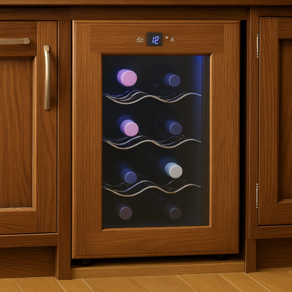 Wine fridge with wooden trim blending seamlessly into surrounding cabinet design and finish.