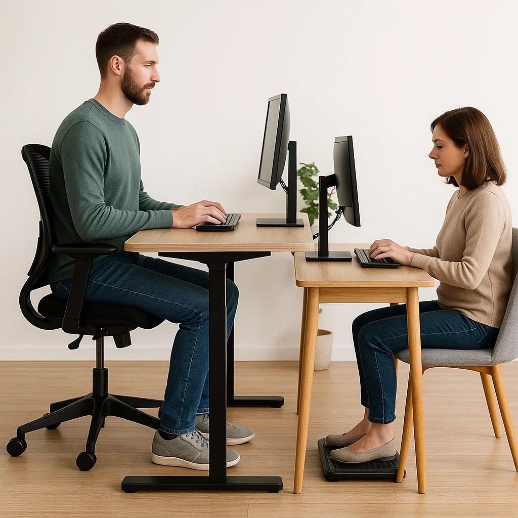 Man and woman using desks at different ergonomic heights