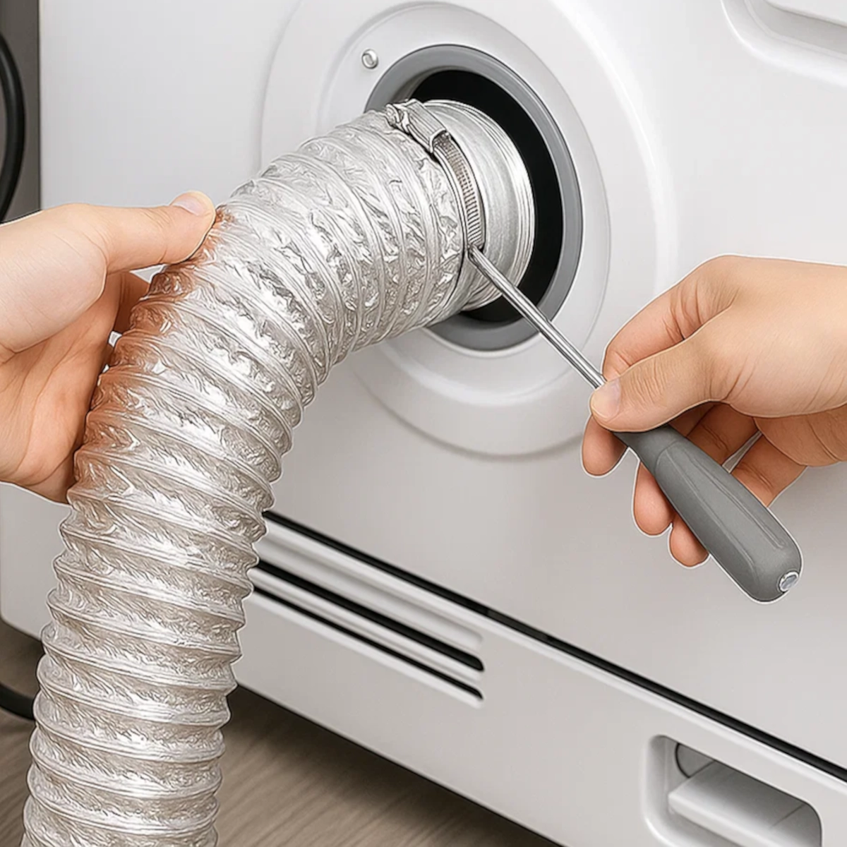 Person loosening dryer vent clamp with screwdriver.