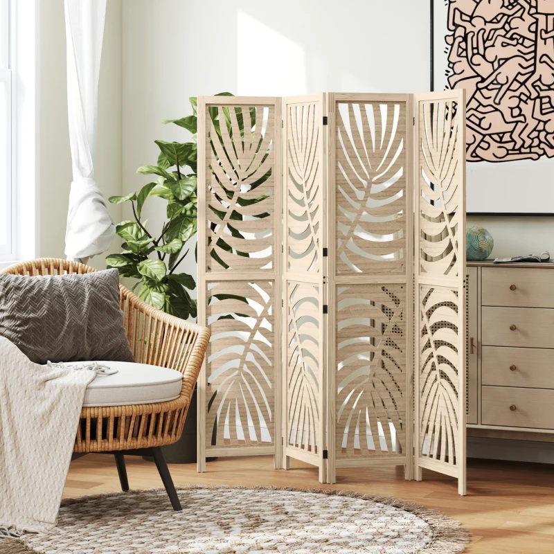 Wooden room divider with tropical leaf cutout design in cozy lounge area.