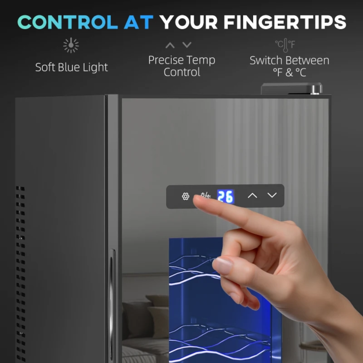 Finger tapping digital touch control panel on wine fridge