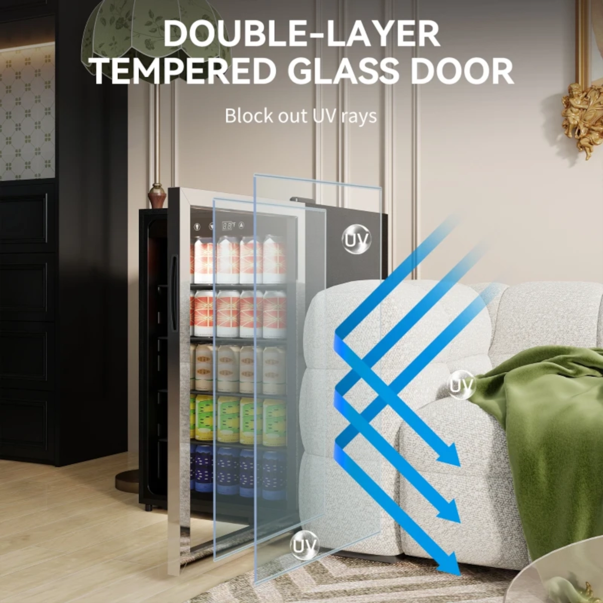 Beverage fridge with glass door open showing UV-blocking double-layer protection feature.