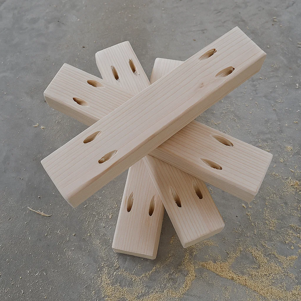 Wooden boards with freshly drilled angled pocket holes for secure assembly.