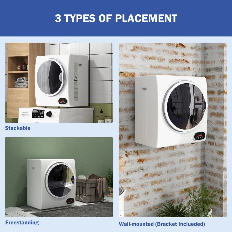 Examples of stackable, freestanding, and wall-mounted dryer installations