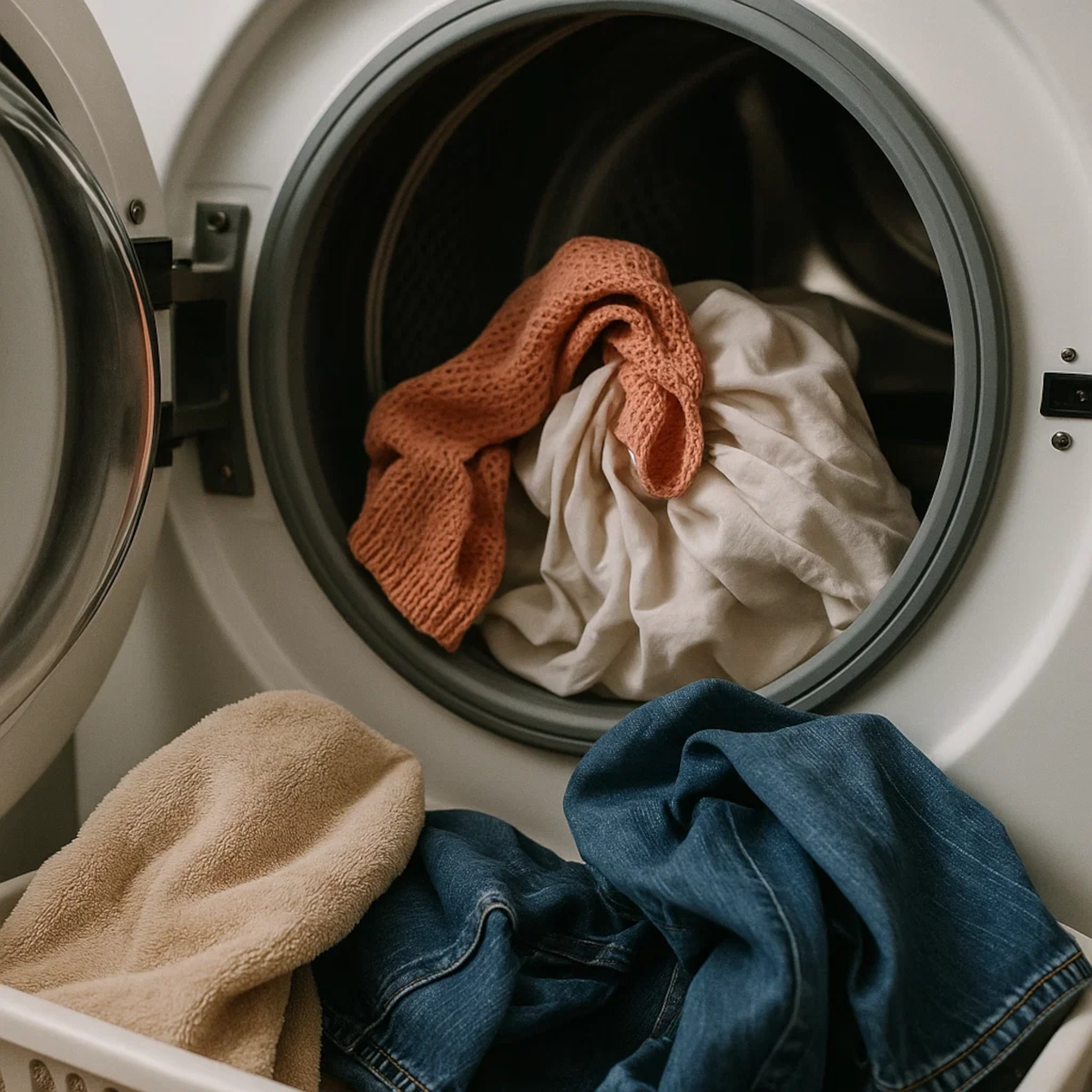 Open dryer drum filled with mixed laundry fabrics ready for drying cycle.