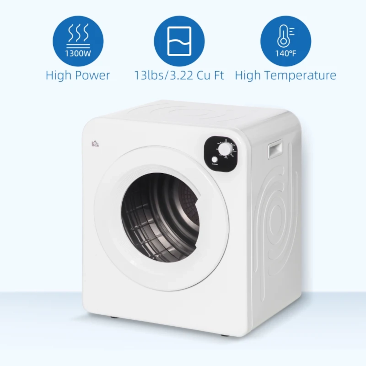 Portable drying machine with high power, compact capacity, and high temperature settings.