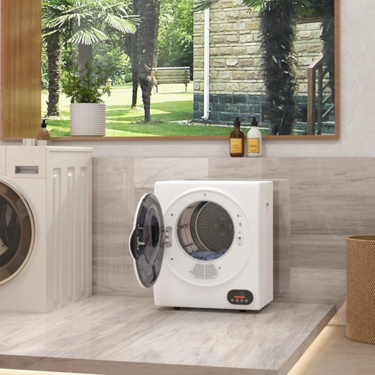 Compact front-load drying machine with door open in a bright laundry room.