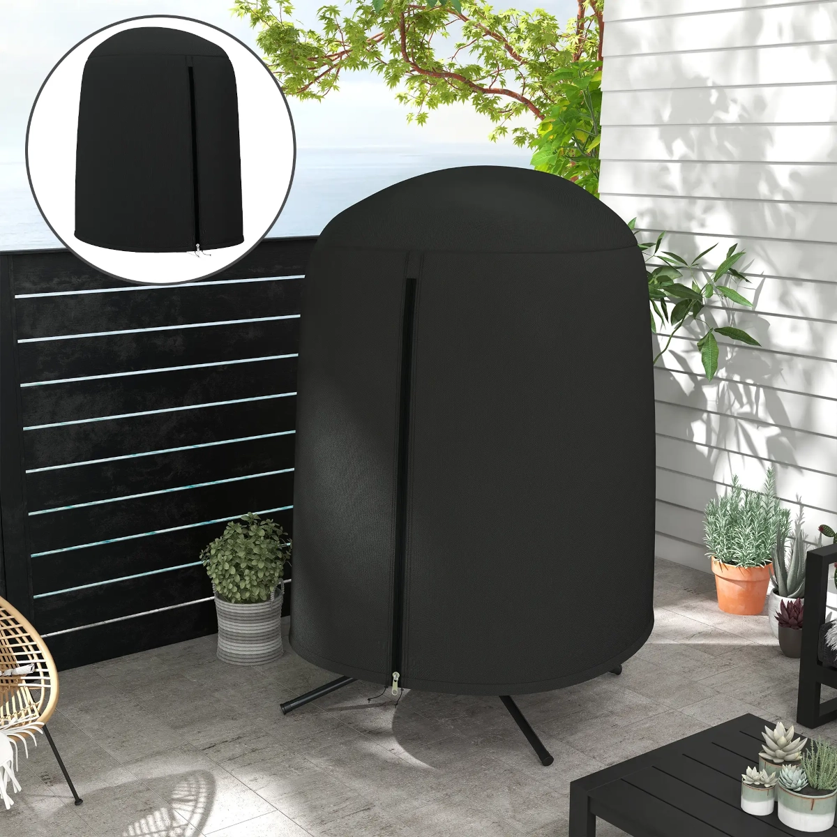 Black cover fitting over hanging egg chair