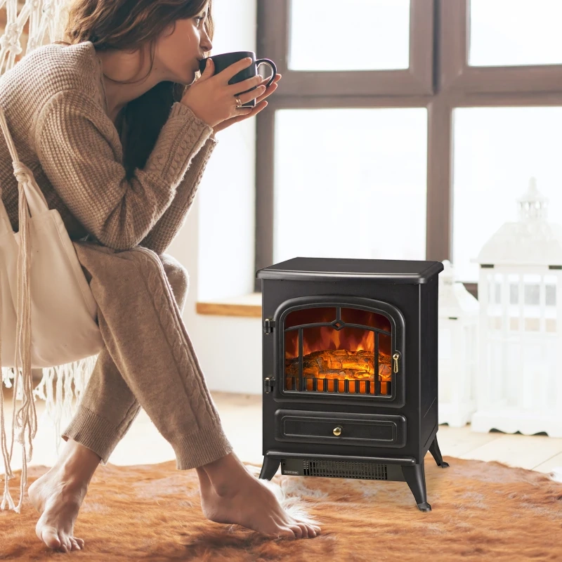 Woman relaxing beside electric fireplace in cozy room