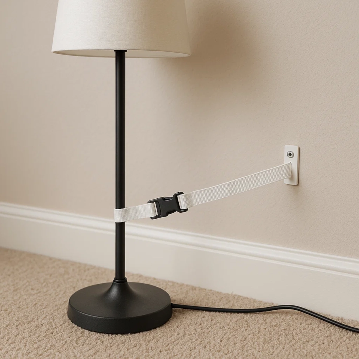 Floor lamp secured to a wall with a safety strap to prevent tipping.