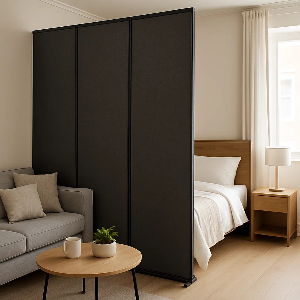 Tall black acoustic panel divider adds privacy and sound control between bed and living area