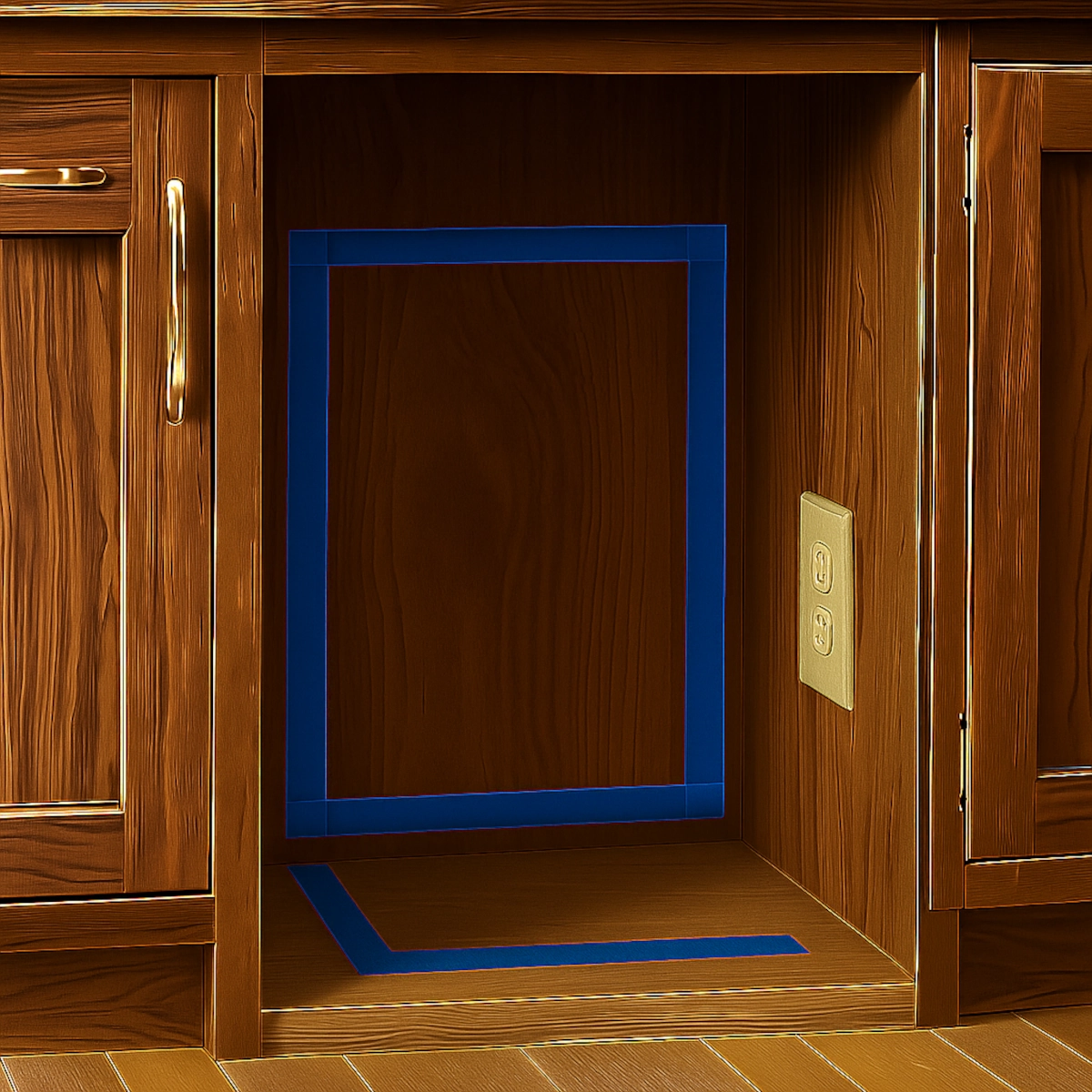 Cabinet interior showing electrical outlet on the side wall prepared for wine fridge installation.