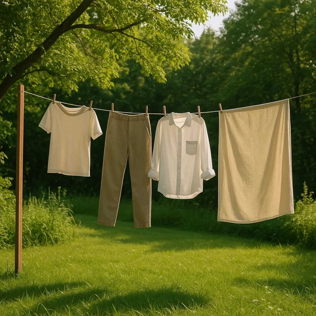 Clothes hanging on an outdoor line in sunny green backyard for natural air drying.